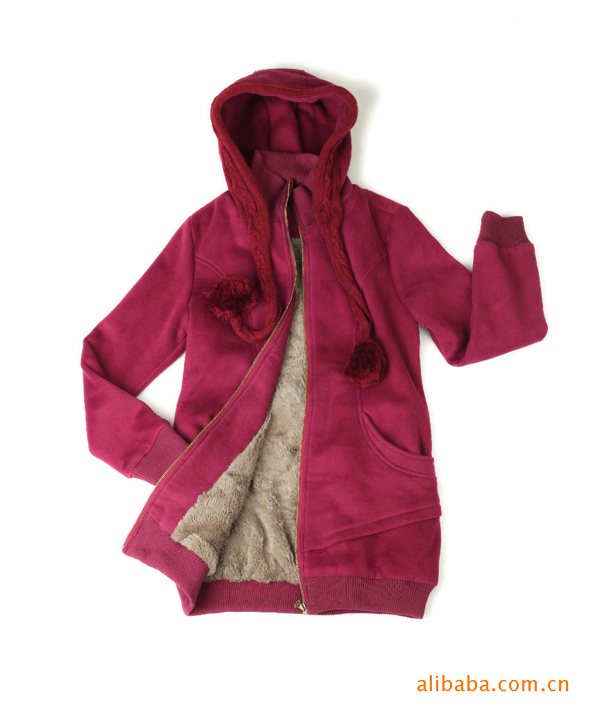 韩版个性冬季女装 红色连帽外套 拉链开衫长款