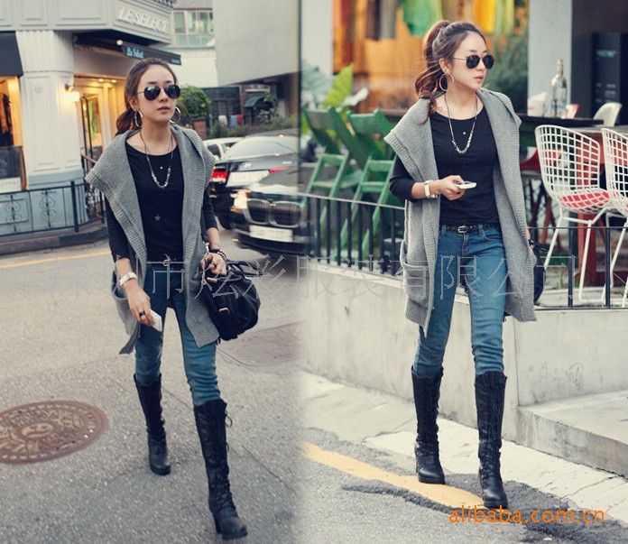 宽松<em>背心长款开衫连帽</em>外套 <em>羊毛</em>混纺,宽松<em>背心</em>