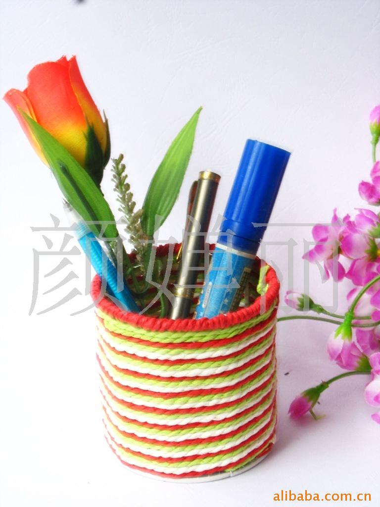 【天然手工编织小笔筒(纸绳 烤漆铁丝)】价格,