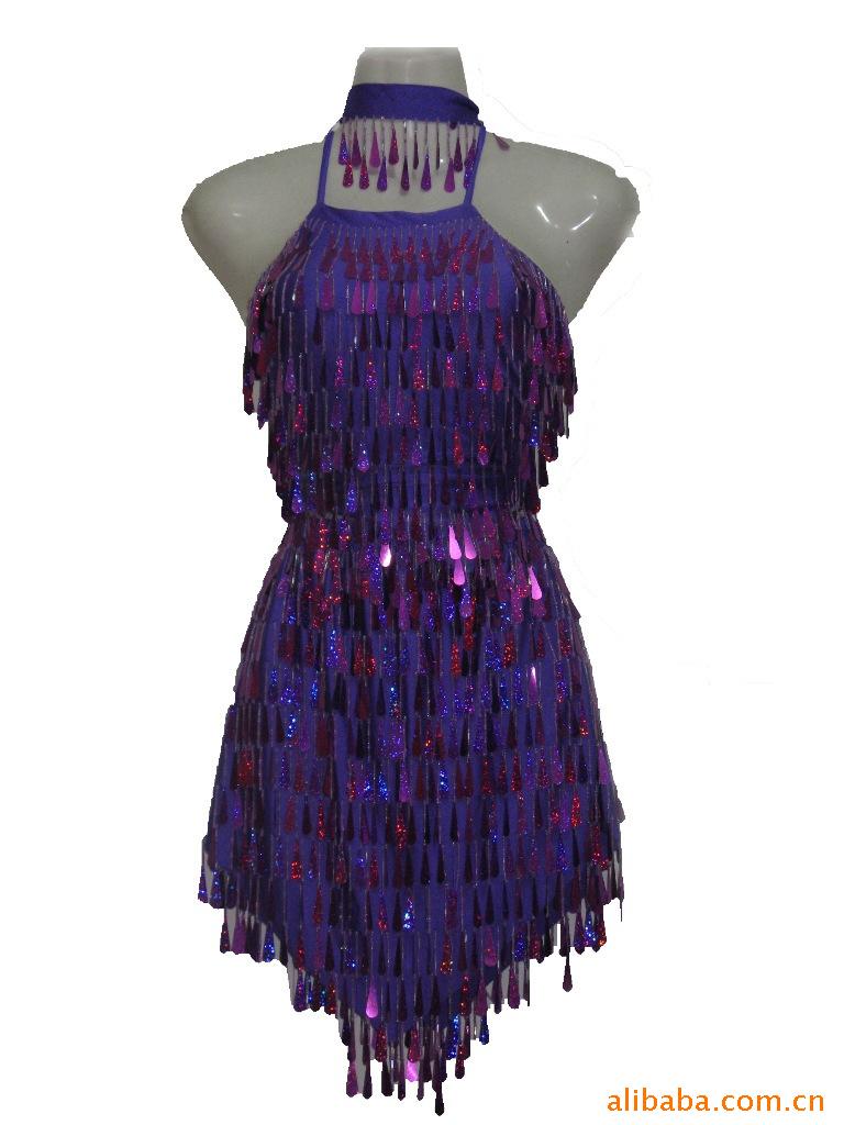 LD35 厂家直销紫色水滴状亮片拉丁舞服装批发
