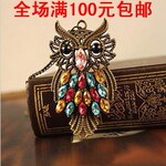 1687 欧美外贸复古 个性 彩钻猫头鹰项链 毛衣链 长款项链 批发