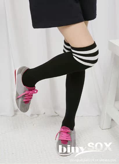 批发采购成人袜-推荐 全棉条纹 过膝袜 三条杠