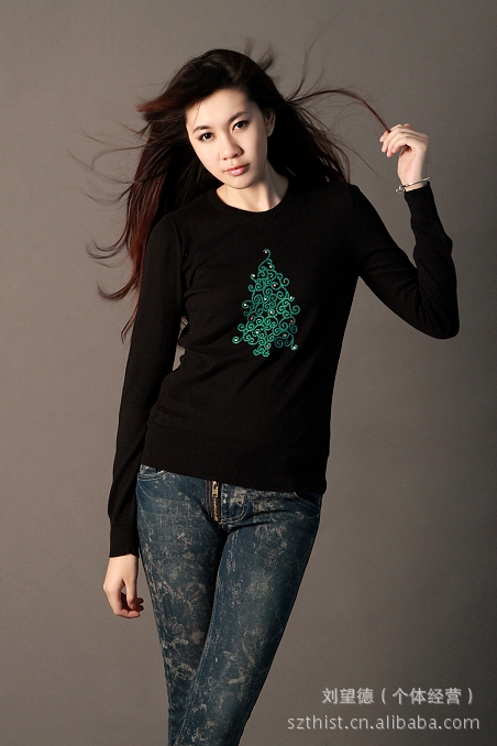 外单正品 仿<em>羊毛绒圆领</em>钉珠锈花宽松<em>毛衣</em> 有大