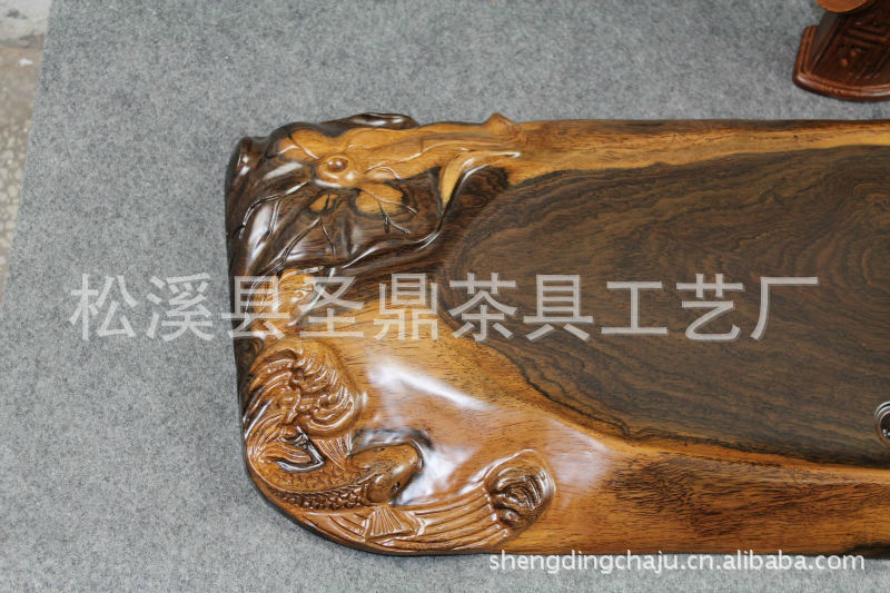 发 功夫茶具茶盘 实木茶盘 圣鼎黑檀木荷花鱼款