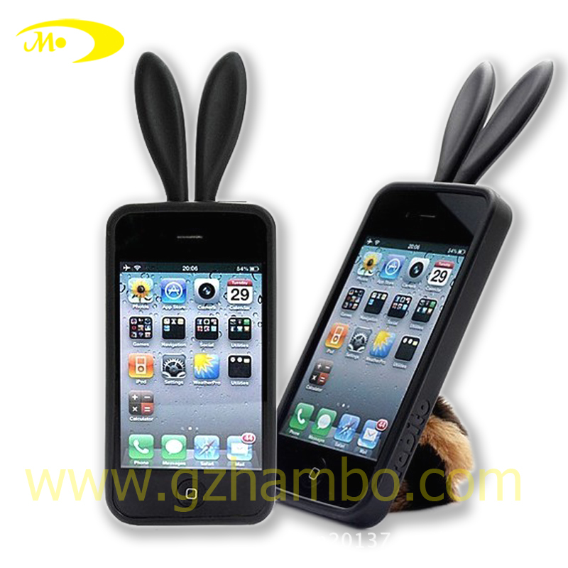 可爱兔子耳朵手机壳 毛球手机套 新款硅胶苹果iphone4/4S手机壳