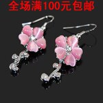 0257 新款 韩国饰品 猫眼石五瓣花树枝吊坠耳环 粉色款 耳饰批发