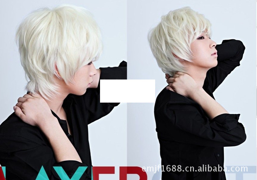 批发采购假发-斜刘海<em>发型男士</em>假发帅气<em>白色</em>假