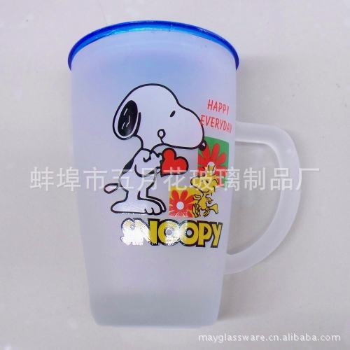 卡通图案玻璃杯 史努比卡通杯子 透明带盖子 喜羊羊 (1)