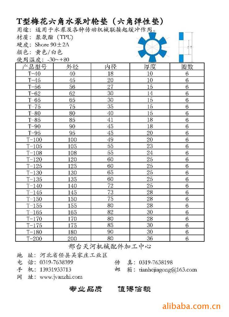   t型水泵六角对轮梅花垫型号规格如下:    