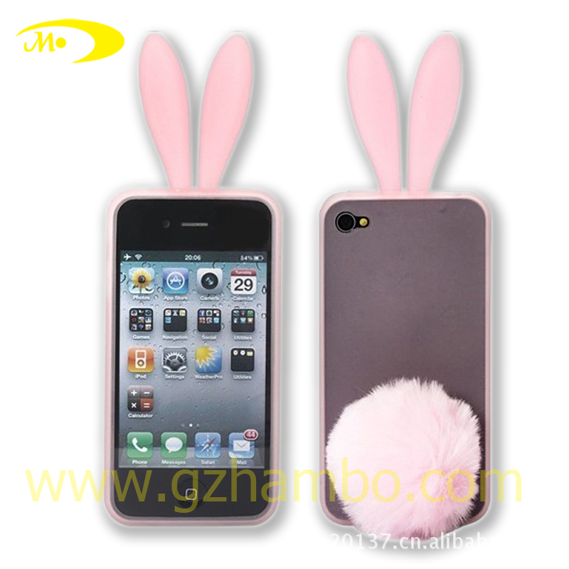 可爱兔子耳朵手机壳 毛球手机套 新款硅胶苹果iphone4/4S手机壳