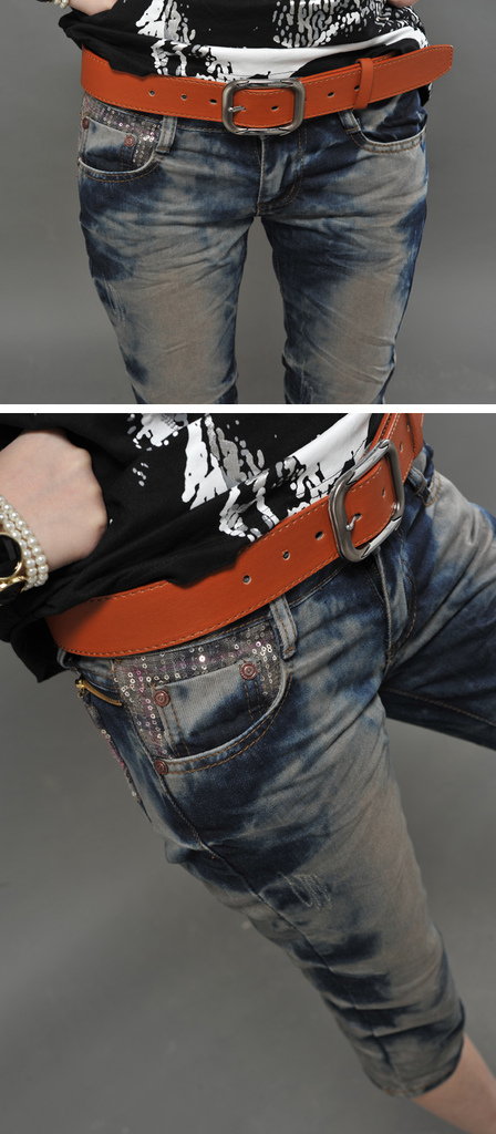 女韩版染<em>洗</em>蓝色显瘦小直筒七分7分牛仔中裤马