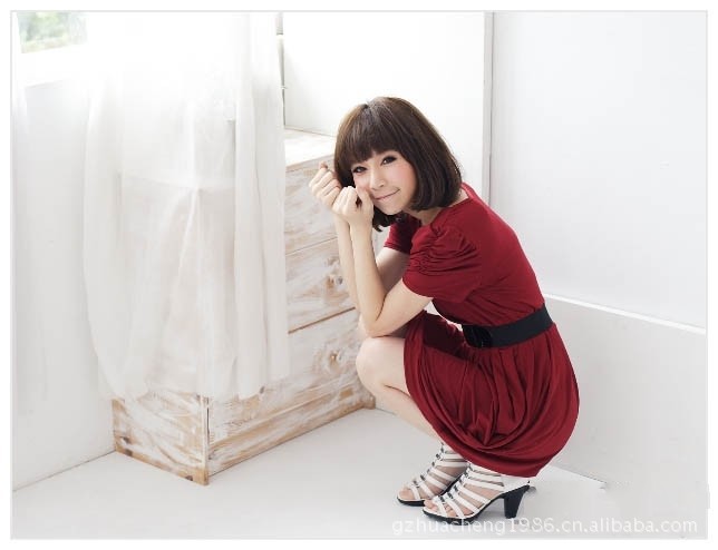 A504 韩版女装酒红色皱折袖假两件短袖连衣裙