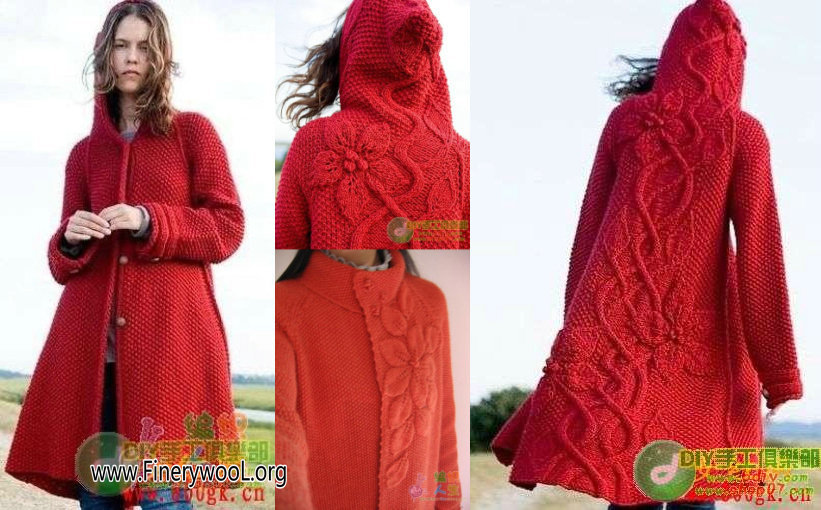 72 漂亮<em>带帽</em>长款红风衣<em>开衫</em>的原版翻译的图解