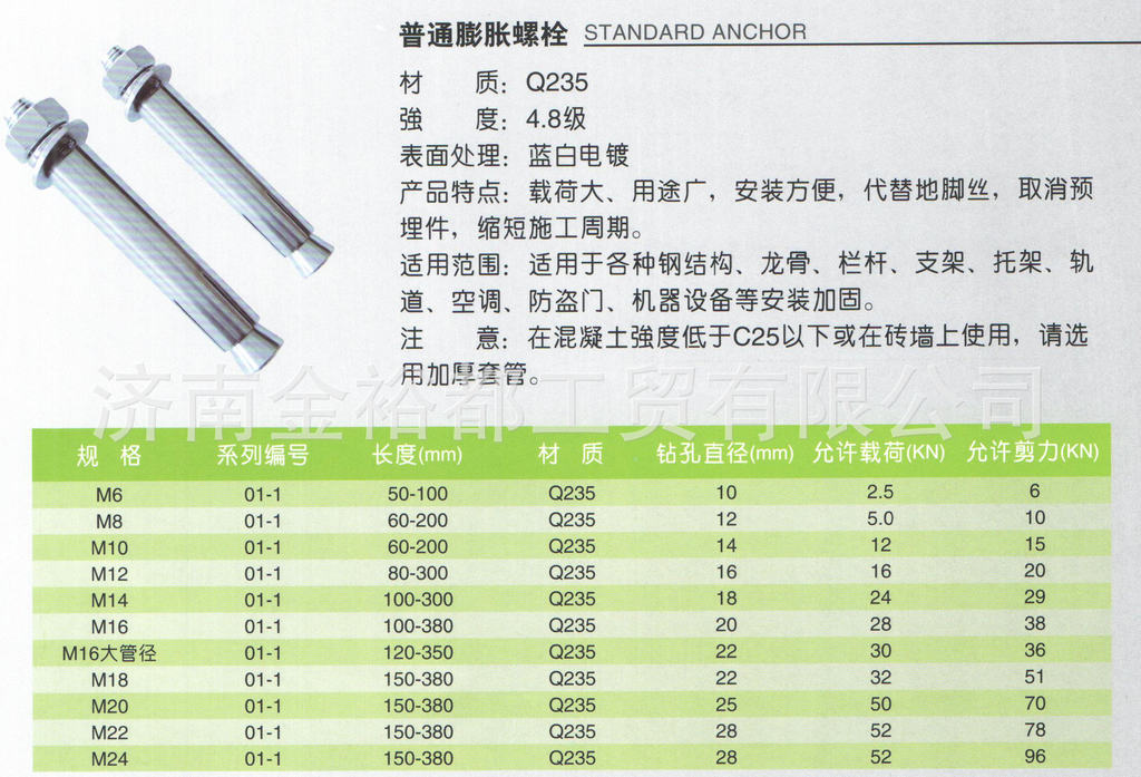 供应精工金属镀锌膨胀螺栓 外胀m16*200