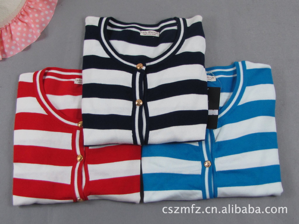 外贸<em>原单</em>圆领黑白条纹韩版<em>女</em>针织衫<em>开衫</em>毛衣外