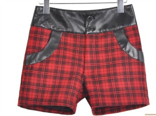 秋冬季新款<em>女式毛呢</em>拼接口袋皮休闲格子<em>短裤</em>靴