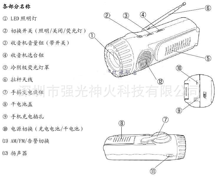 曰本多功能手电筒强光 led灯手摇发电手电筒 收音机器