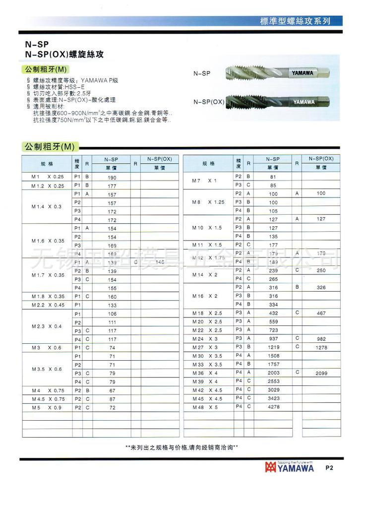 日本进口YAMAWA螺旋丝攻丝锥N+SP公制粗牙