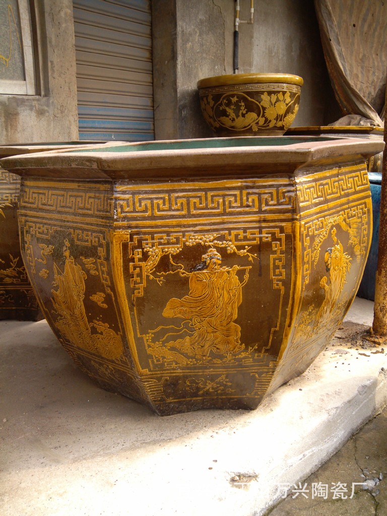 精品紫砂金鱼缸 仿古均陶金鱼缸 堆花八方金鱼