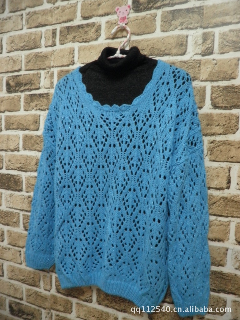 春款韩版镂空钩花<em>圆领</em>亮丝<em>彩线</em>混纺<em>毛衣</em>女 宽