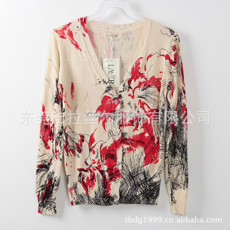 秋季新款<em>女装开衫短款</em>抽象线条画印花长袖针织