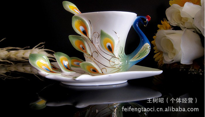 【(珐琅)炫金蓝孔雀咖啡杯 一杯 一碟 一勺】价