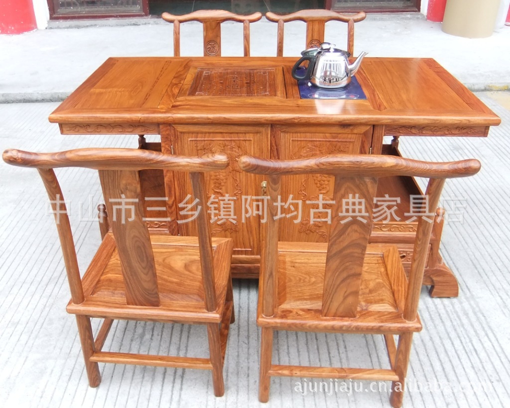 专业生产供应高档时尚花梨木茶桌 中式纯实木茶桌五件套(图)