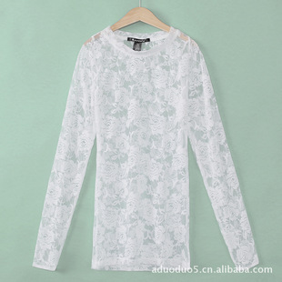 原单bozzolo 性感蕾丝纯色长袖圆领打底衫 蕾丝长袖T恤 百搭女装