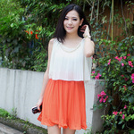 2012夏季新款 超甜美圆领订珍珠时尚百褶假两件双色 背心裙*3966
