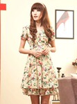 K1155#2012夏装新款 纽扣胸襟V领花朵甜美修身女式雪纺连衣裙