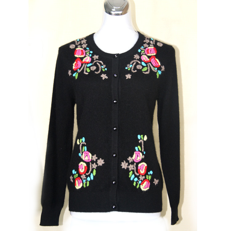 <em>钩针</em>花朵绣羊绒<em>开衫女</em>圆领<em>毛衣</em> 羊绒<em>开衫</em>100%