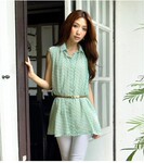 2012韩版女装新款 波点无袖夏装点点显瘦绑带雪纺上衣