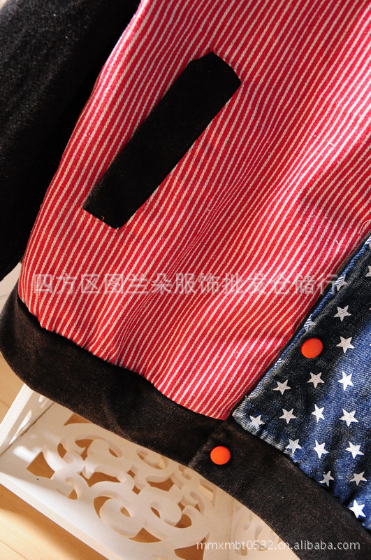 日系水洗五星<em>竖条纹牛仔拼接</em>撞色开衫<em>外套</em>棒球