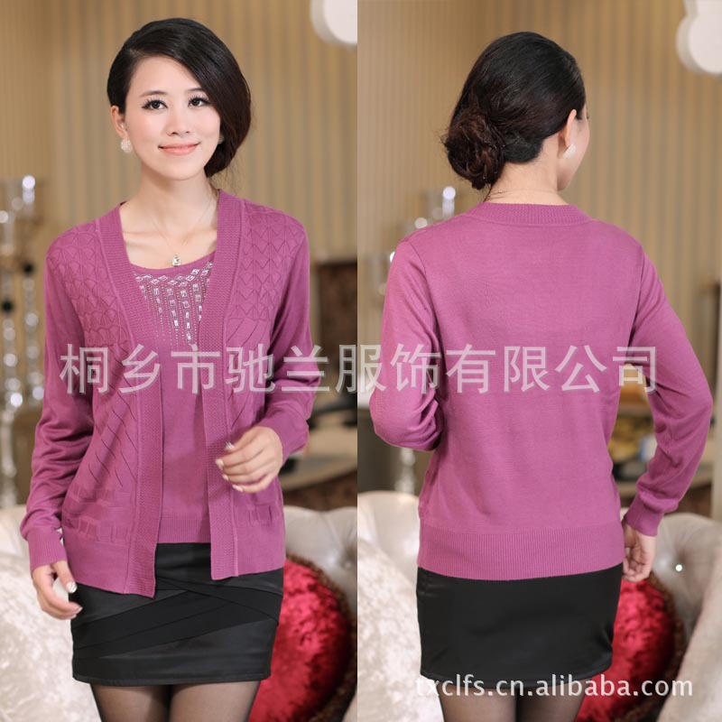 2012秋季新款韩版女装中年妈妈装圆领长袖假两件套烫钻羊毛衫 