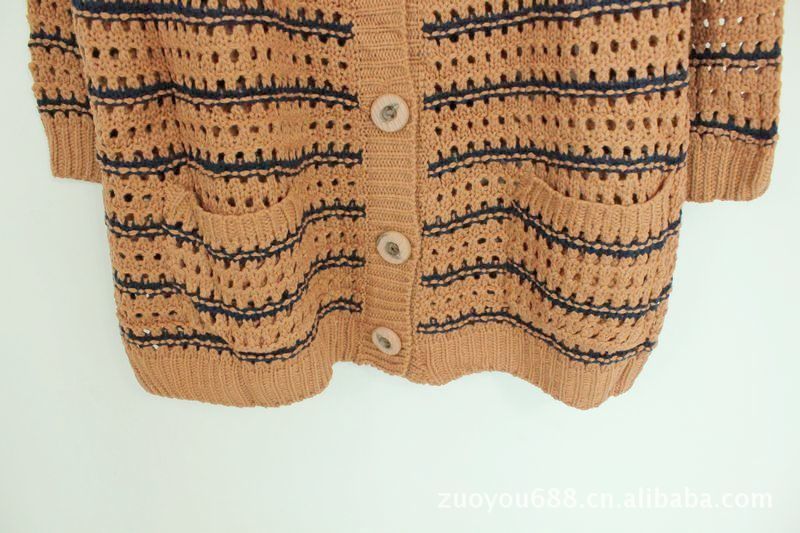 批发采购女式<em>毛衣</em>-6680 <em>编织</em>条纹<em>缕空毛衣开衫</em>
