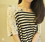 【梦妆】425 潮欧美女装 宽松休闲蝙蝠袖 条纹蝴蝶结 短袖圆领T恤