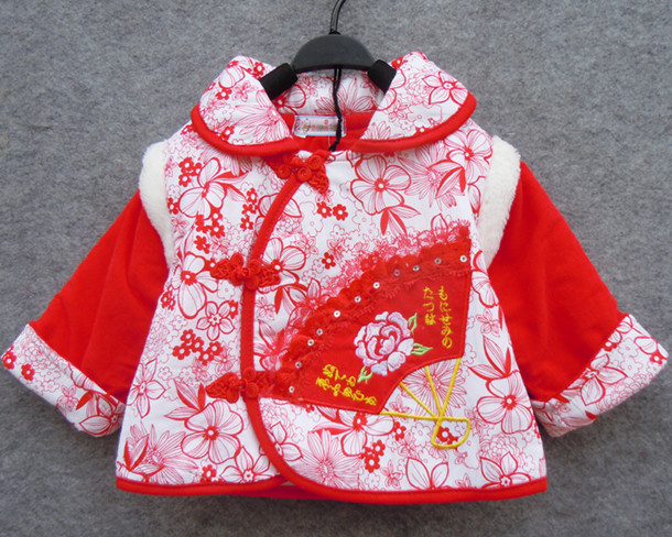 一件代发 0-1岁女宝宝加厚夹棉红色唐装套装 棉