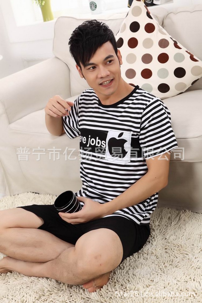 <em>普宁睡衣厂</em>批发 苹果黑白条纹夏季情侣睡衣 短
