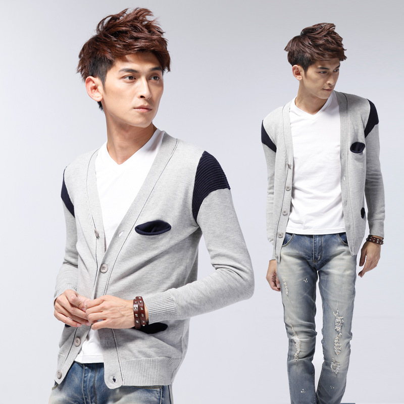 【秋冬针织衫 男V领撞色针织<em>开衫 男毛衣</em> 薄外