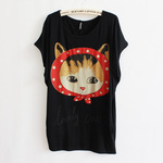 廠傢直銷 爆版日韓女裝卡通貓蝙蝠袖韓版女式短袖T恤批發H926