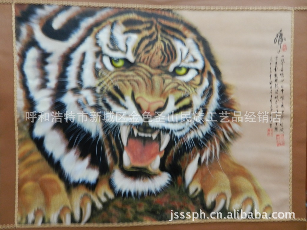 厂家供应手绘牛皮画 卷轴画《虎头》定做混批