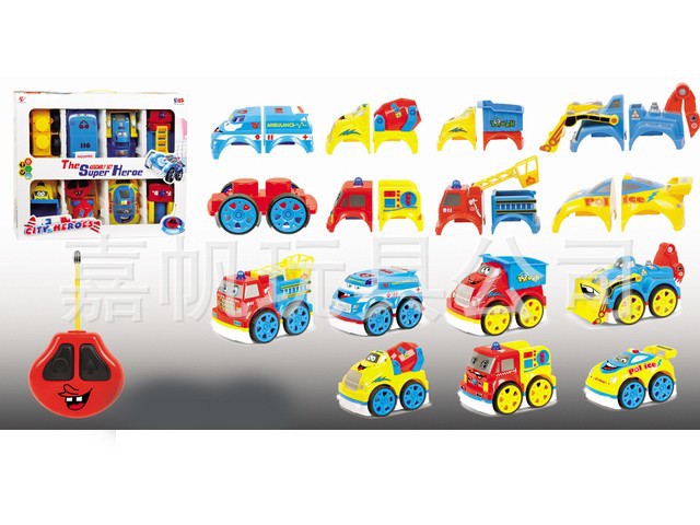 遥控车批发\/4通灯光音乐拆装卡通水罐消防车\/