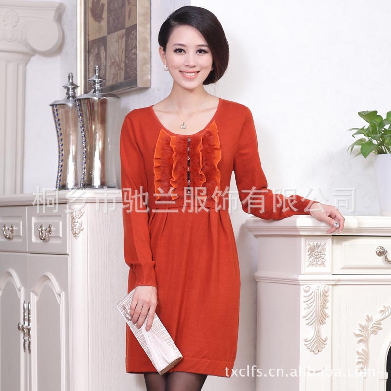 2012秋冬新款韩版女装大圆领毛边装饰气质中长款裙式羊毛衫 