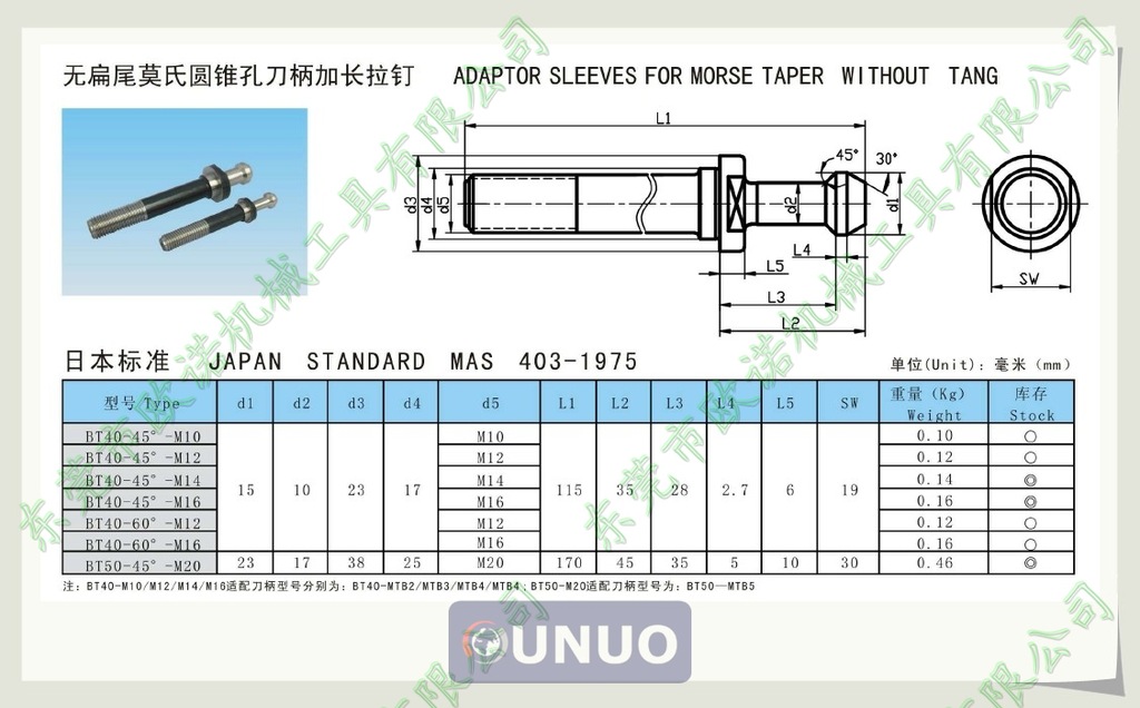 无扁尾莫氏圆锥孔刀柄加长拉钉:bt40-45°-m10