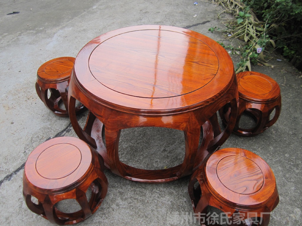 矮圆茶桌五件套 仿古茶桌 古典实木家具 仿古家具批发 茶桌 058图片_1