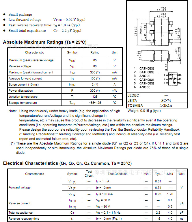 【HN1D01F\/复合开关二极管\/80V 0.1A 1.6nS\/