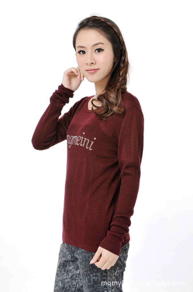 【新款百搭瑞丽女式针织衫精致英文字母烫钻图