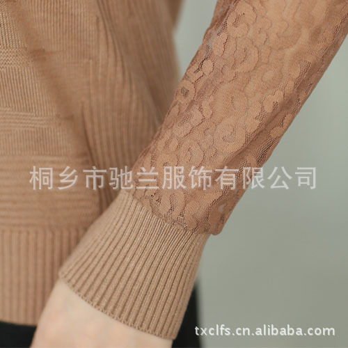 2012秋装新款韩版女装圆领蕾丝袖纯色镶钻修身女式针织打底羊毛衫 