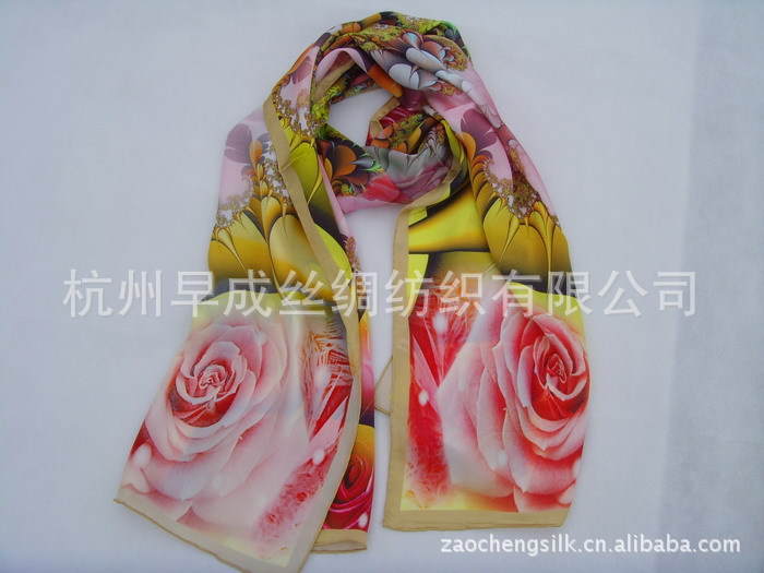 丝巾礼品 中国风数码喷绘手工卷边 桑蚕丝真丝