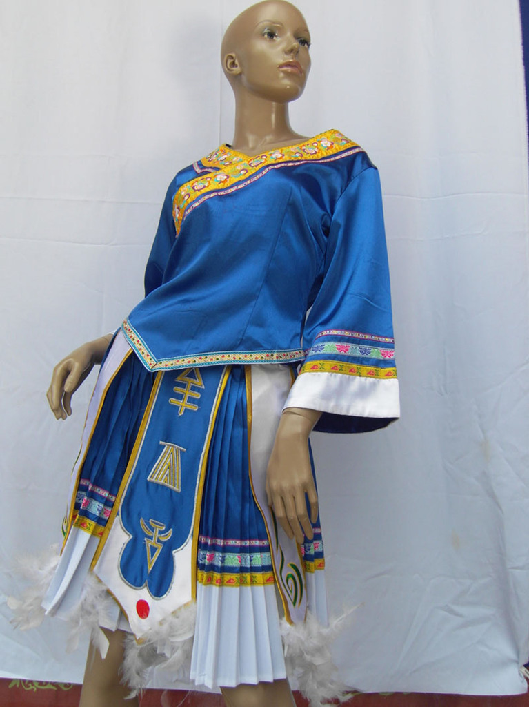 蓝色女装苗族款式水族图案短裙上衣后拉链白色